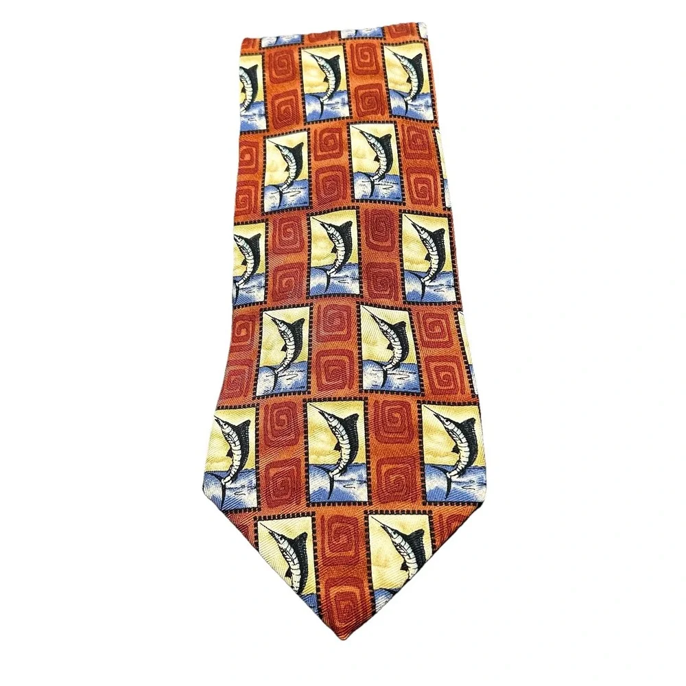 Vintage Tommy Bahama Marlin Postage Stamp Silk Necktie Handmade USA Red Wide Tie